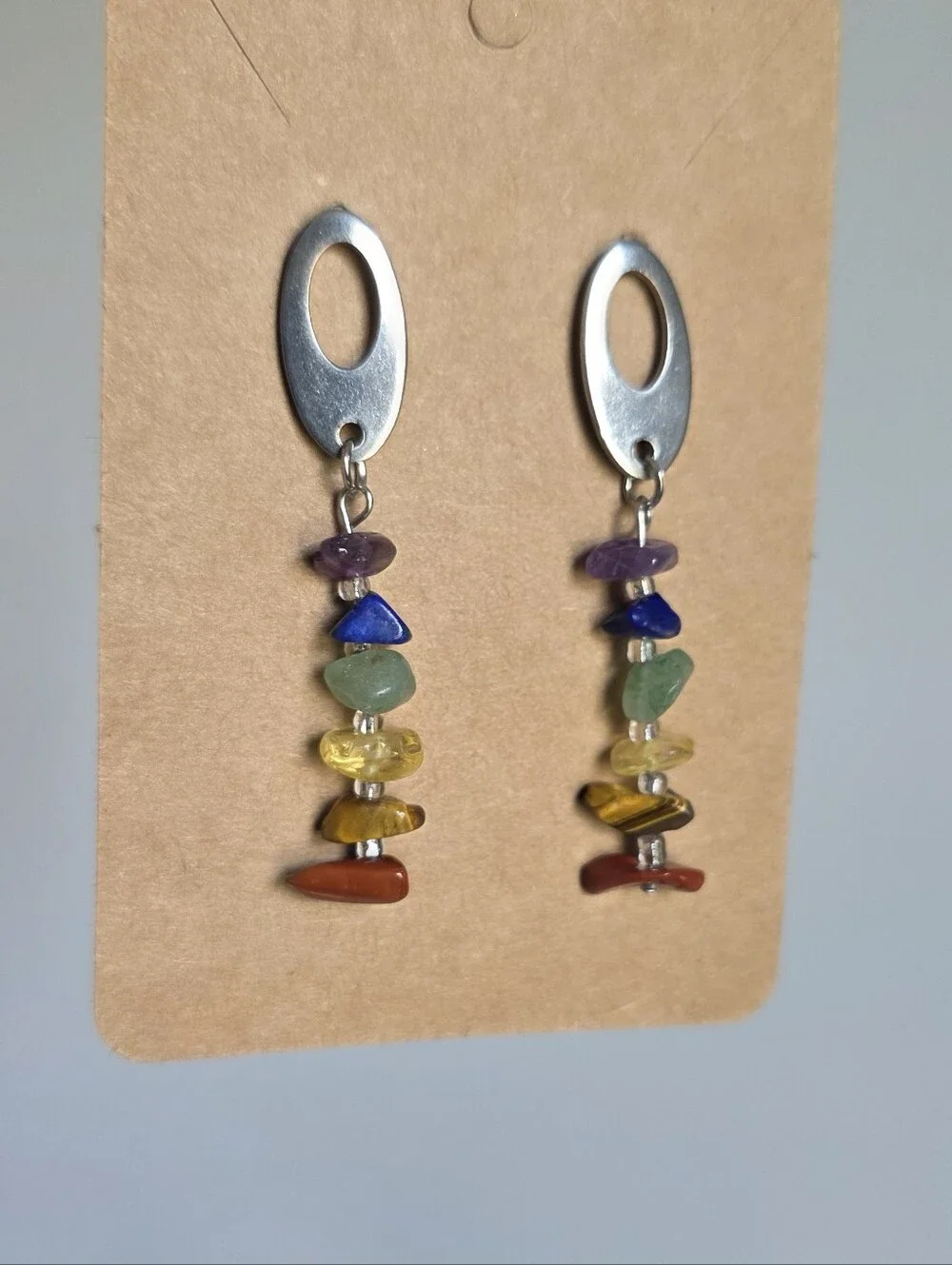 Multi-Color Chakra Beaded Drop Earrings - Silver Tone
